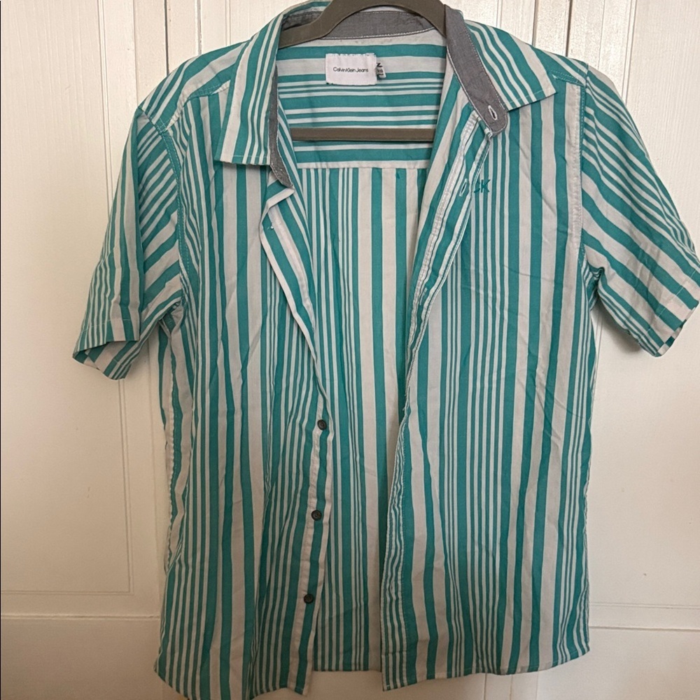 Calvin Klein Jeans Teal and White Striped Short-Sleeve Shirt Size XL( 18-20)